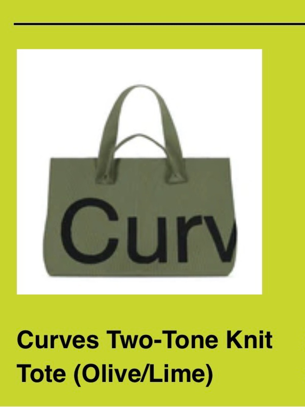 Curves by Sean Two Tone Knit Tote in olive green and lime. - Picture 2 of 2